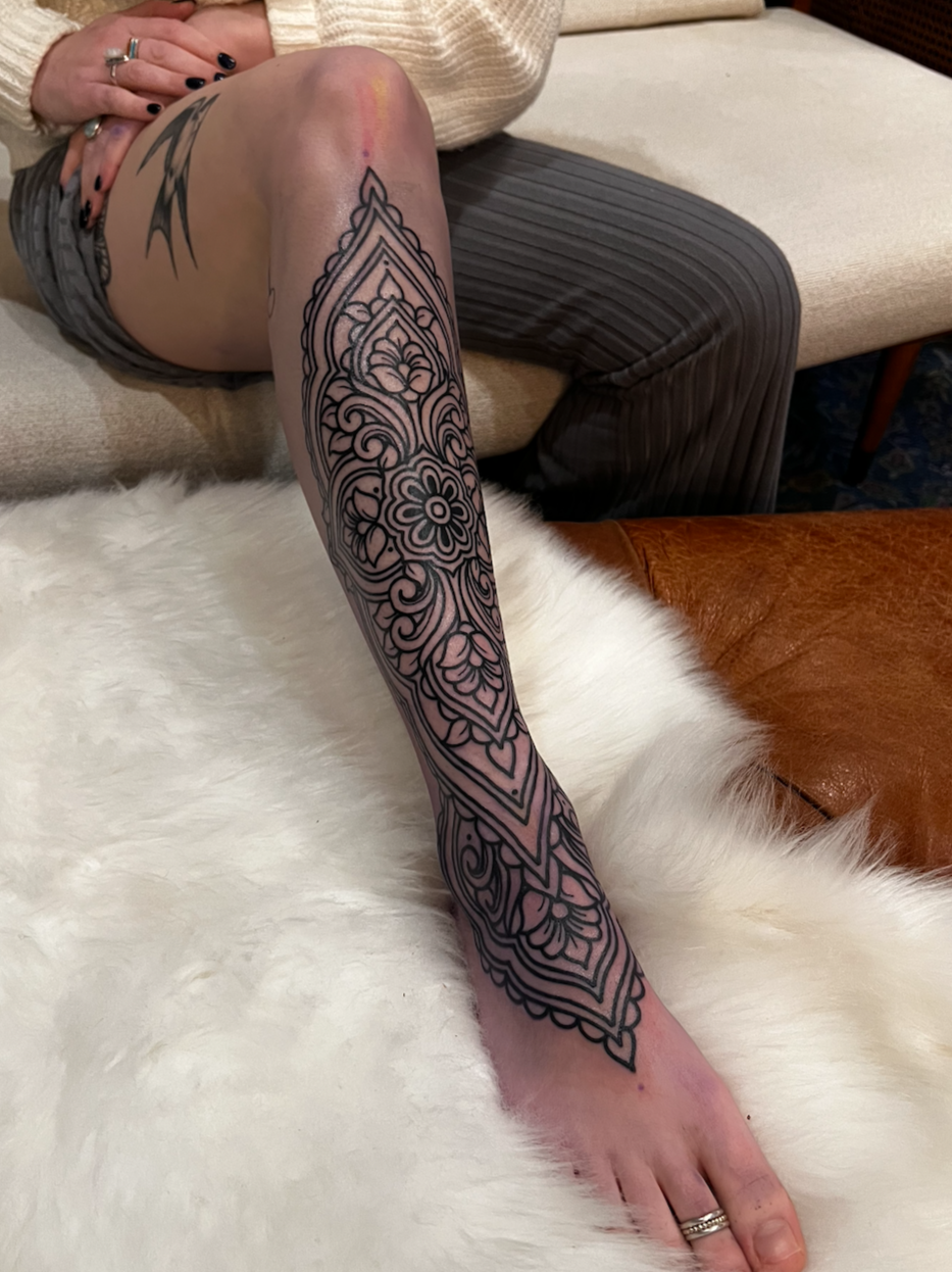 Tattoo Gap Fill Advice wanted =) wanna close my leg sleeve at the ankle and  below the knee, want some more colour, especially background for link,  maybe add something. SK is almost
